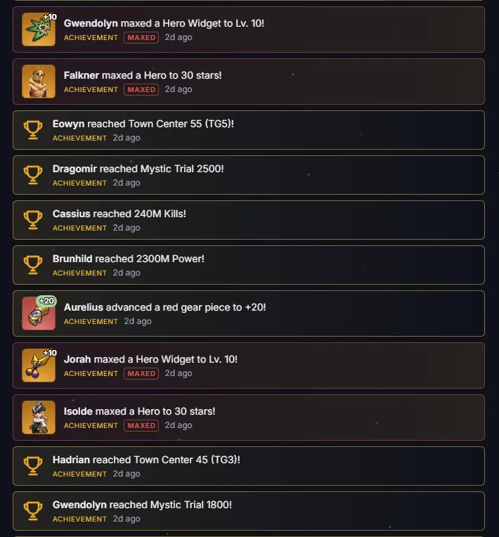 Achievements feed listing member milestones like Town Center upgrades, Mystic Trial and kill-count records, maxed heroes and red gear advances