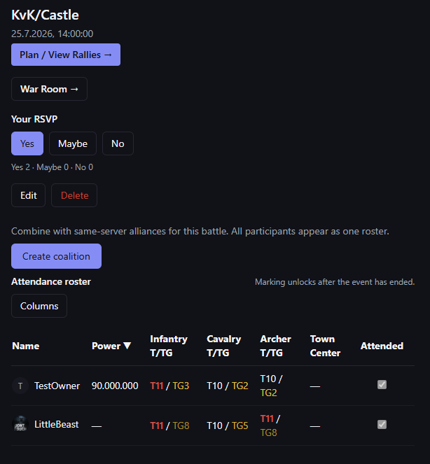 Battle Planner event page with RSVP controls and coalition setup
