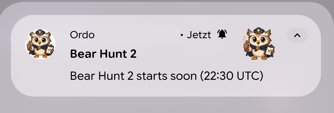 Phone push notification reminding the player that the Bear Hunt is starting