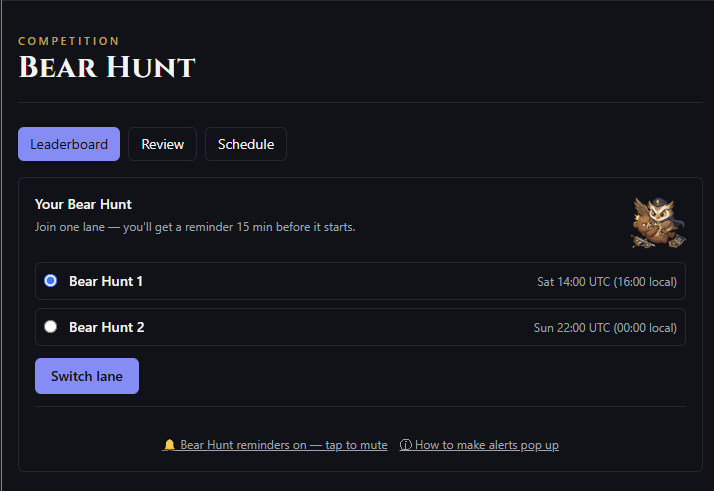Bear Hunt screen with lane selection to register for a hunt