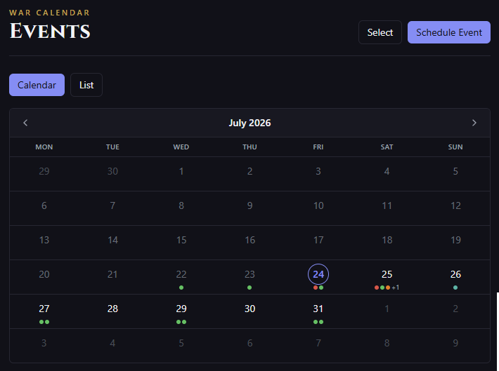 Monthly event calendar showing scheduled alliance events