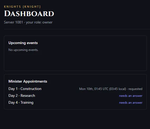 Dashboard card showing the player's upcoming minister appointment