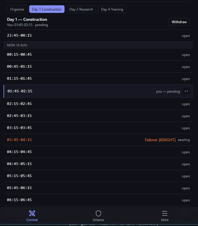 Half-hour time slots for a day, with open and taken slots marked