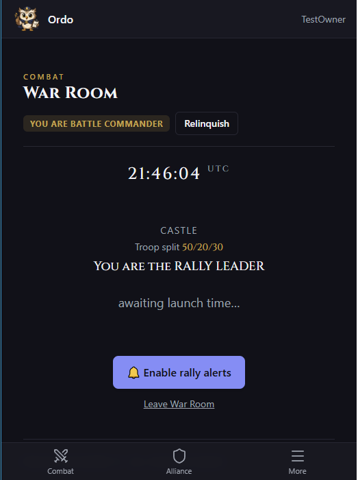 War Room showing you are the rally leader, awaiting launch time