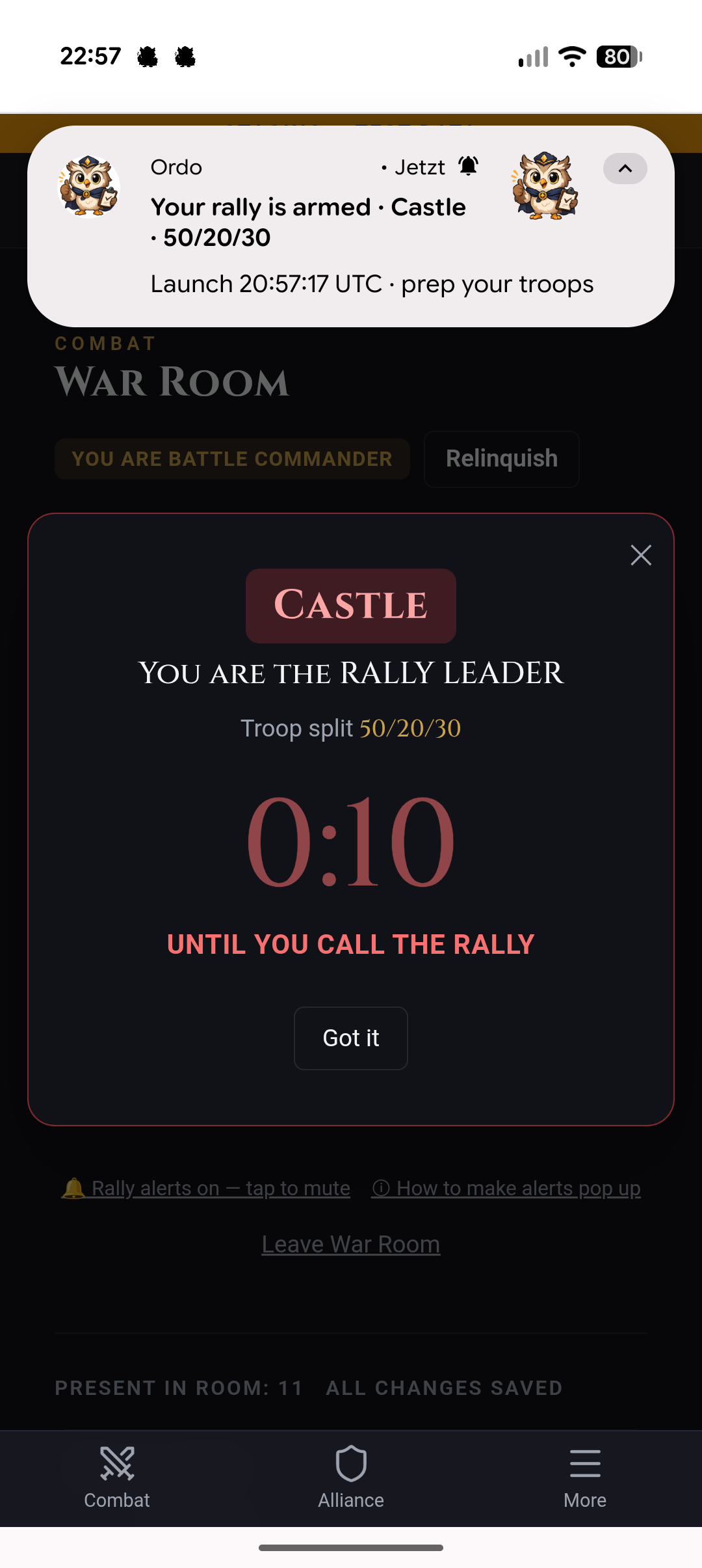 War Room prompting the rally leader to prepare the rally in game